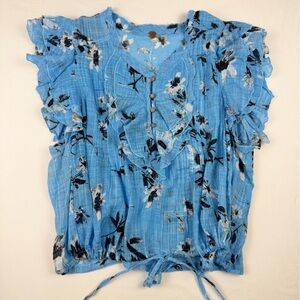 Free People FP One Blue Floral Ruffle Sleeve Gauze Blouse Boho Size Medium EUC